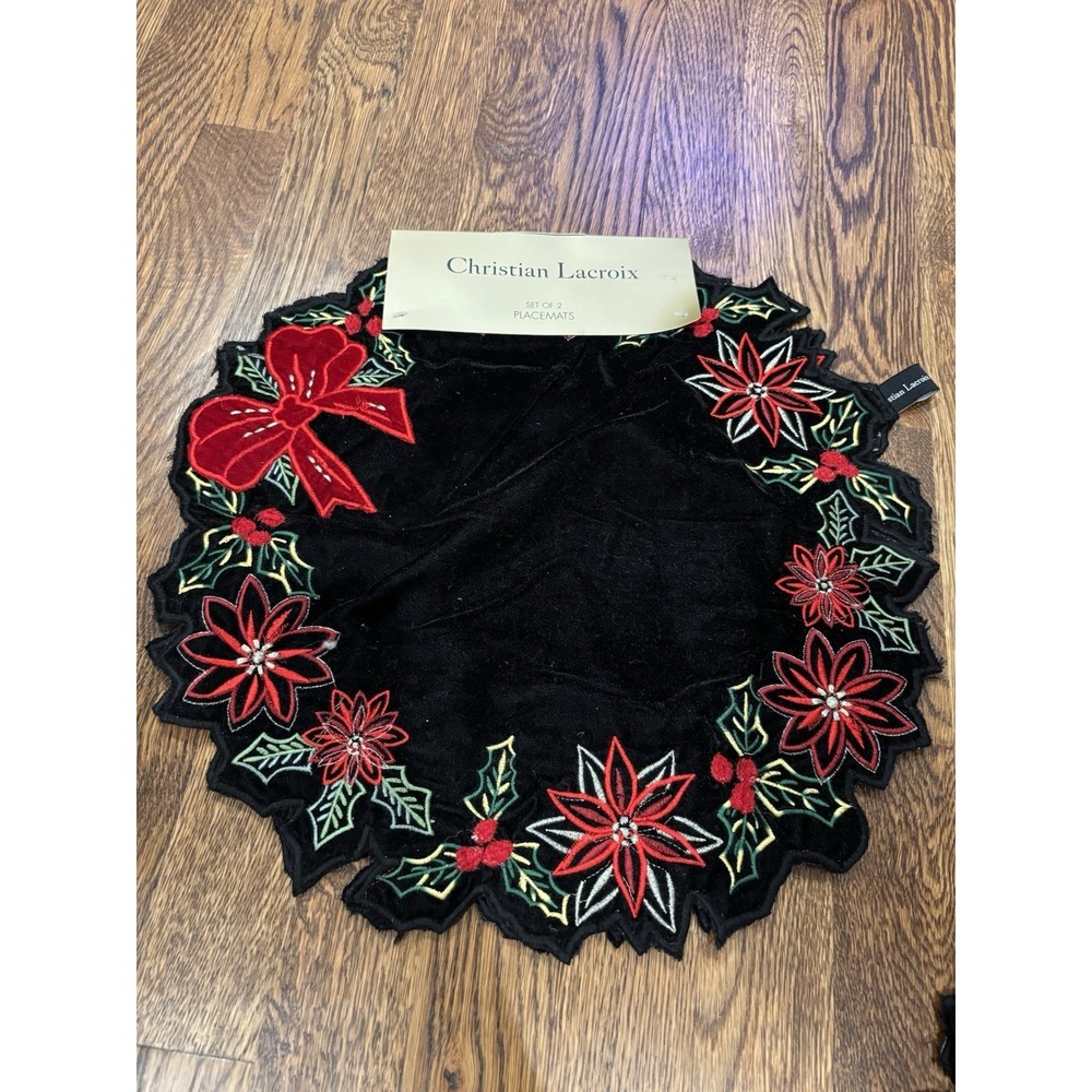 Christian Lacroix Black Velvet Placemats Set‎ Of 2 Red Bow Pointsetta Christmas